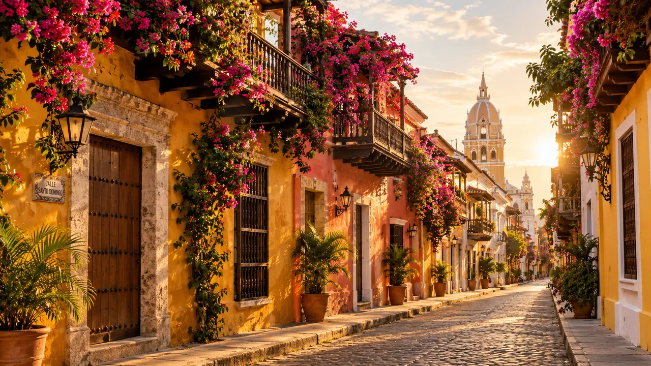 Una calle colonial de Cartagena, fachadas ocres y balcones cubiertos de buganvillas