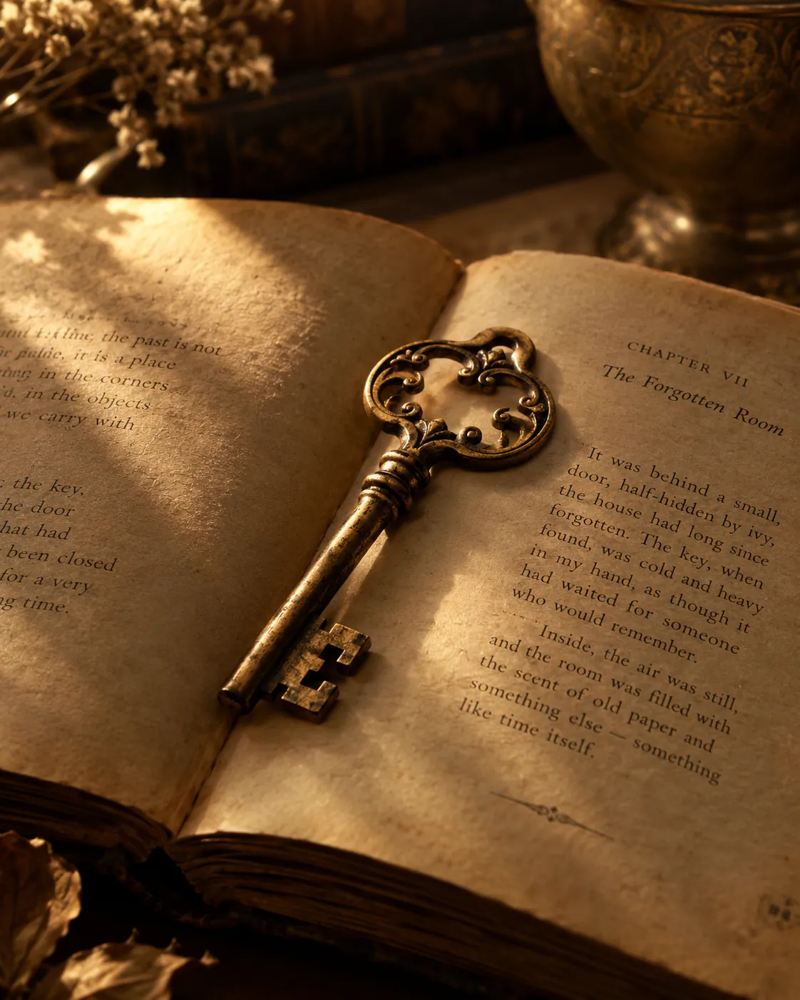 Una llave antigua sobre las páginas de un libro abierto