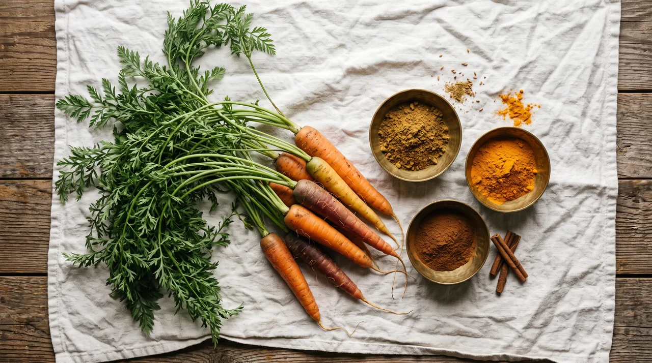 Zanahorias con sus hojas, comino, cúrcuma y canela sobre un paño de lino