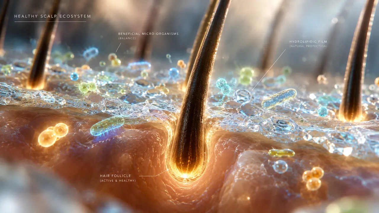 Vista de cerca del cuero cabelludo y su flora, a escala microscópica