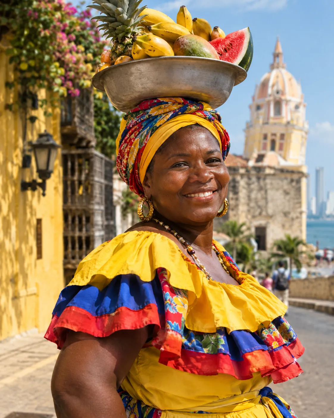 Una palenquera sonríe con su ponchera de frutas sobre la cabeza