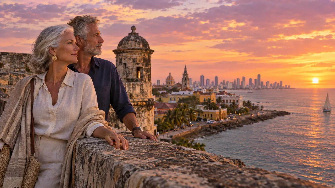 Una pareja de cabello plateado sobre las murallas de Cartagena, al atardecer