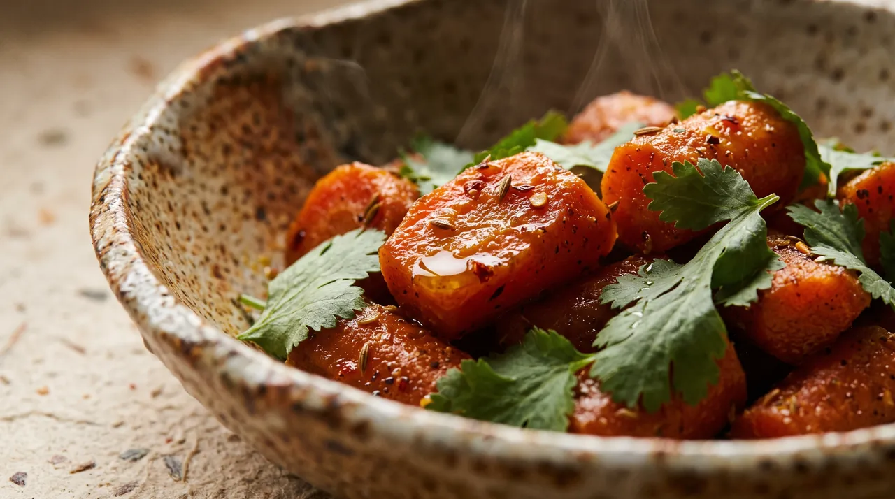 La ensalada de zanahorias especiada, salpicada de cilantro, en un plato de cerámica