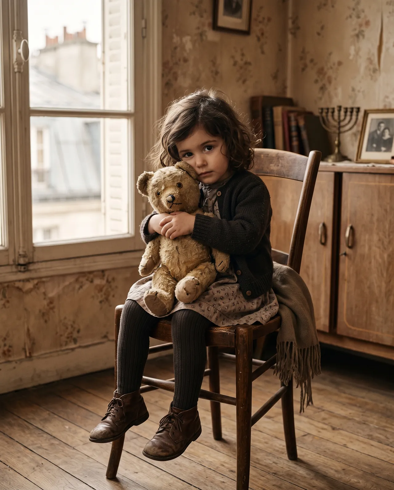 Una niña de 1942 abraza su osito de peluche en un apartamento de París
