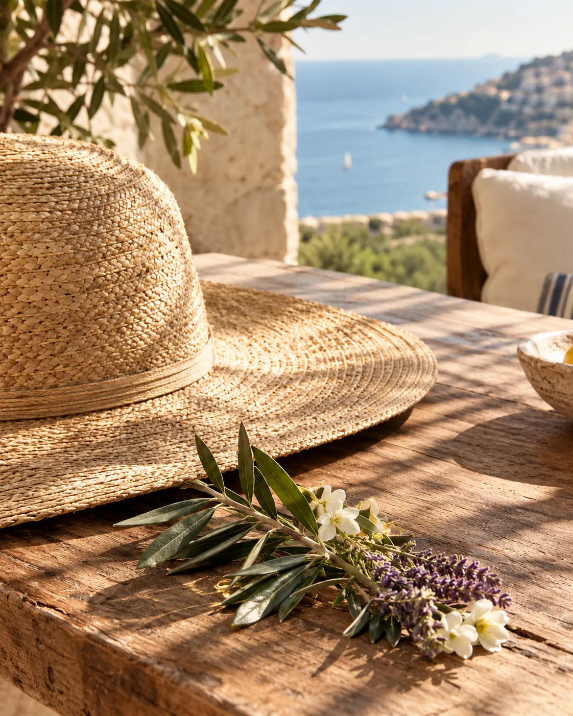 Un sombrero de paja sobre una mesa de terraza, con el Mediterráneo abajo