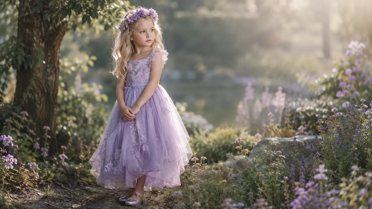 Una niña con vestido lila entre flores violetas